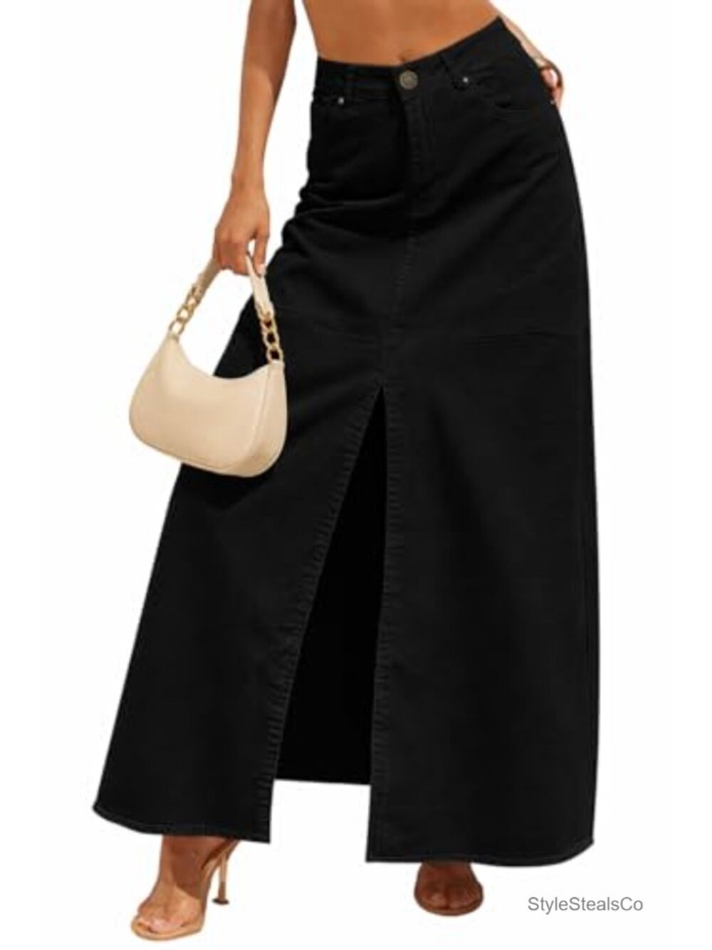 High Waist Button Denim Maxi Skirt Front Slit Side Pockets